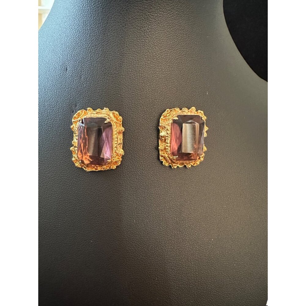 Vintage Gold-Plated Clip-On Earrings With Amethyst-Colored Glass Stones